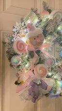 Lighted Pastel Gingerbread Wreath: Holiday Front Door Decor, Candyland