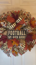Fall Football Wreath: Cheetah Ribbon, Autumn Leaves, Sports Decor