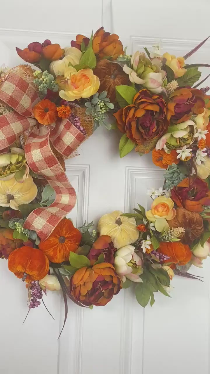 XL Fall Wreath, Pumpkin, Floral,  Grapevine Wreath Front Door, Autumn Wreath