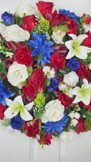 Patriotic Floral Wreath: Red, White & Blue Roses, Lilies, Dahlias