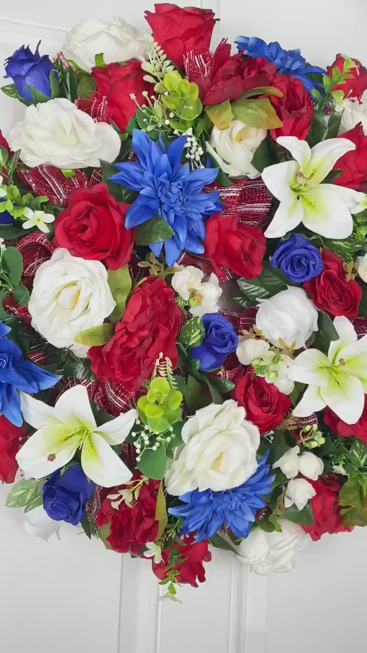 Patriotic Floral Wreath: Red, White & Blue Roses, Lilies, Dahlias