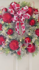Lighted Valentine Wreath: Red Ornament & Pink Heart Bow