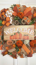 Farmhouse Pumpkin Wreath: Thanksgiving Autumn Mesh Door Decor