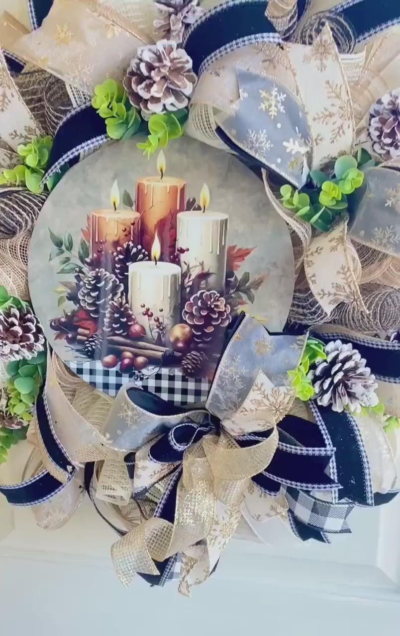 Christmas Winter Wreath, Boho. Farmhouse Decor, Buffalo Check, Pinecone, Candle