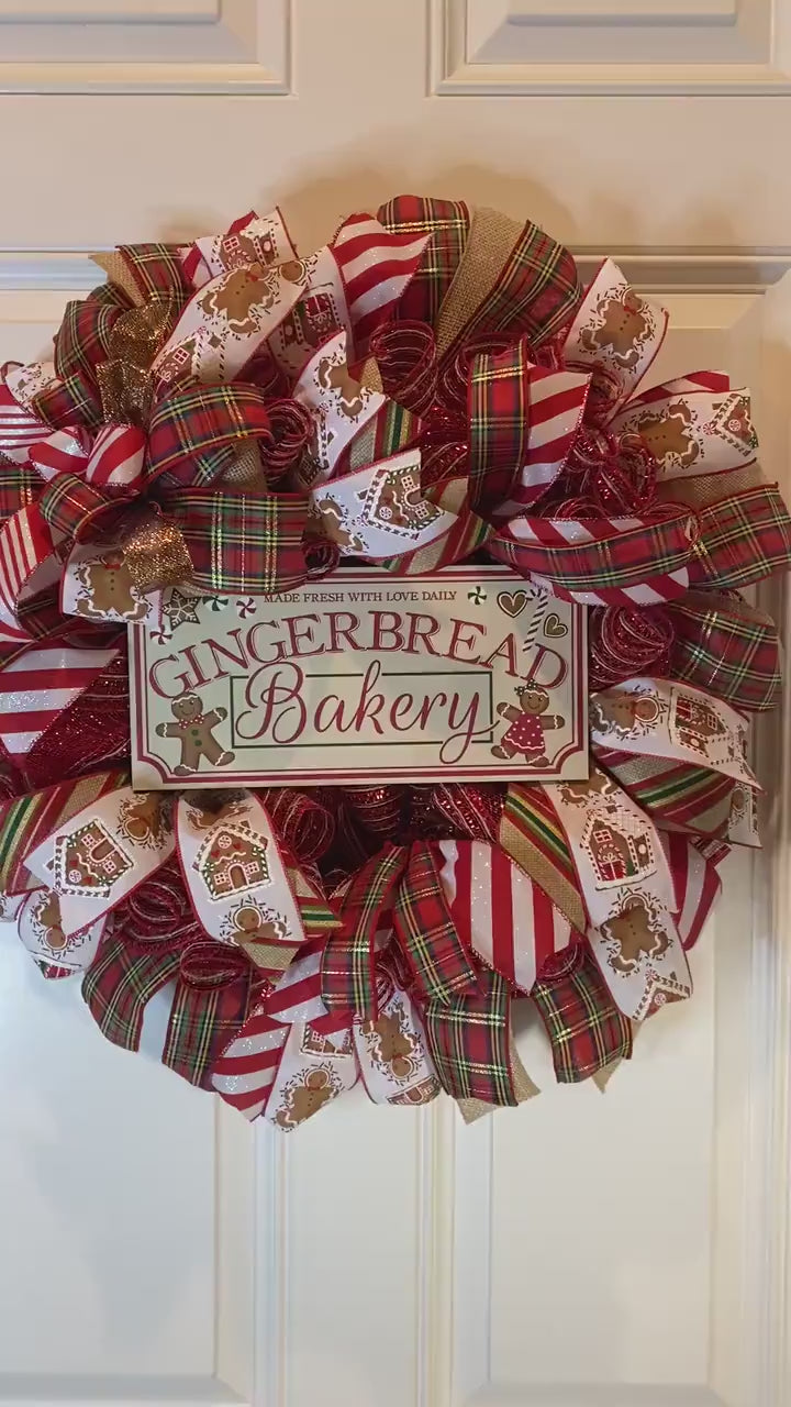 Candy Land Gingerbread Christmas Wreath, Holiday Bakery Front Door Decor, Peppermint Ribbon