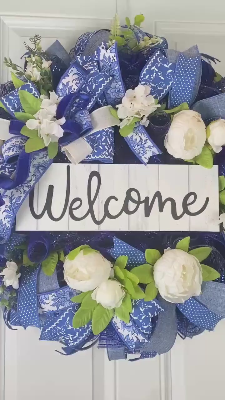 Everyday Wreath Front Door, Peony Wreath, Blue Toile, Farmhouse Wreath for Every Season, Spring Wreath, Summer Deco Mesh,
