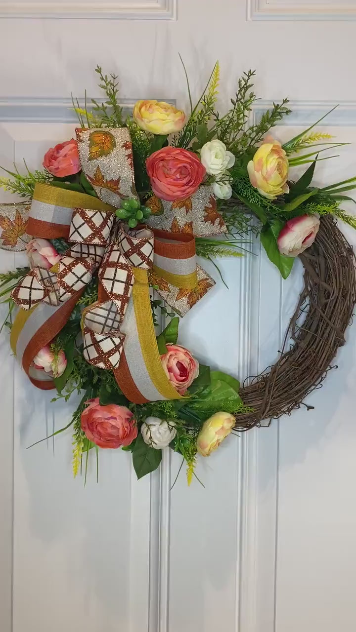 Floral Grapevine Wreath: Fall Thanksgiving Halloween Front Door Decor