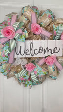 Farmhouse Spring Wreath: Floral Truck Ribbon, Welcome Sign