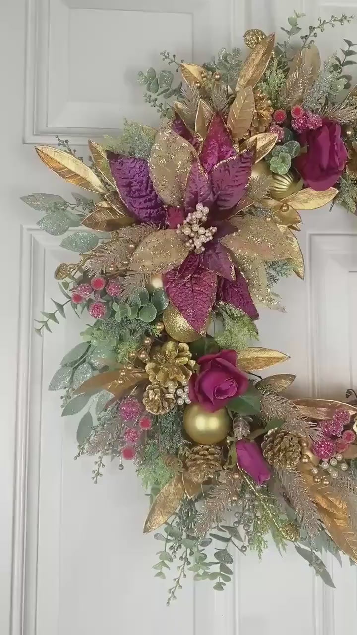 Poinsettia Christmas Wreath: Purple, Magenta & Gold Ornament Decor