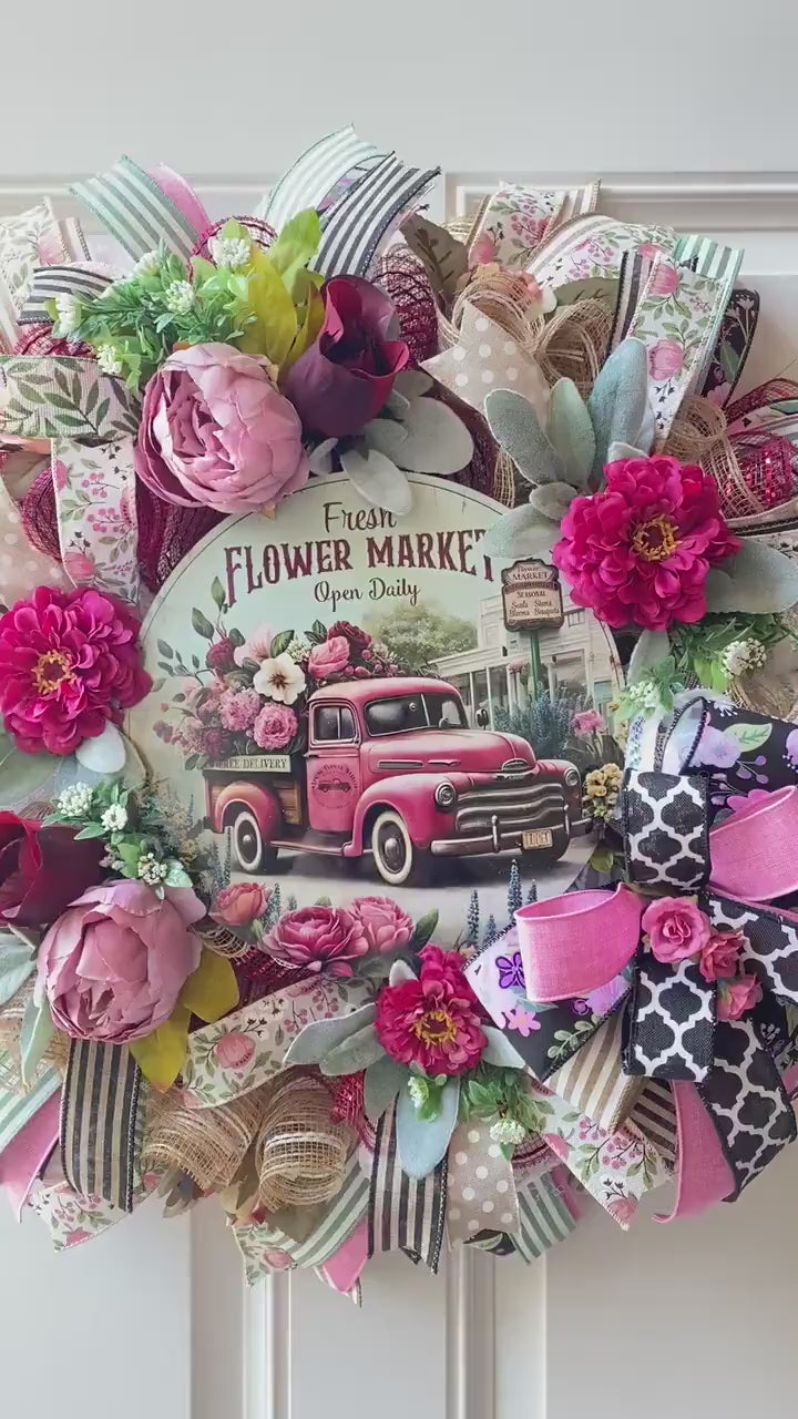 Everyday Wreath, Red Truck, Flower Market Summer Wreath, Home Decor, Farmhouse, All Season Wreath, Spring Wreath, Summer Deco Mesh
