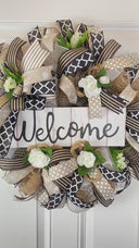 Farmhouse Welcome Wreath: Neutral Deco Mesh, White Roses