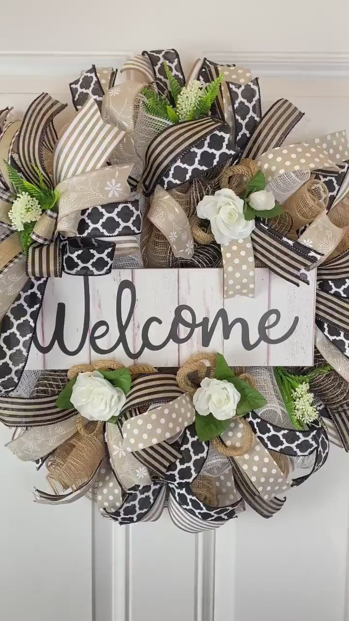 Farmhouse Welcome Wreath: Neutral Deco Mesh, White Roses