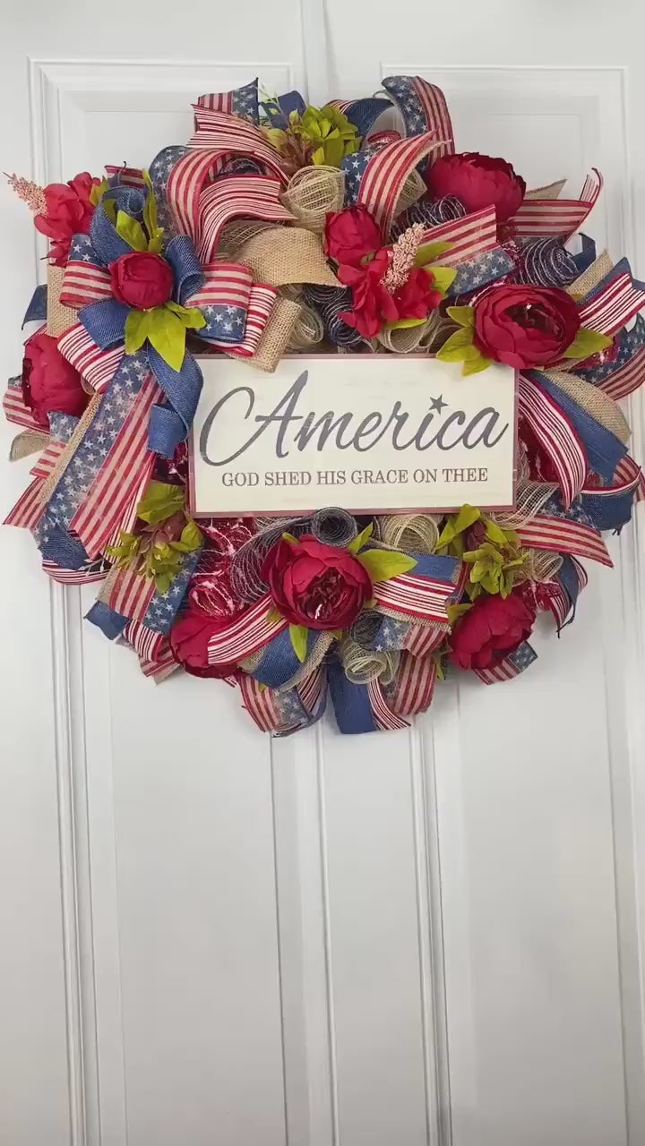 Rustic Patriotic Wreath: Farmhouse Flag Decor with Peonies