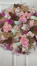 Farmhouse Hydrangea Wreath: Burlap Deco Mesh, Pink Accents