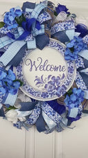 Blue Hydrangea Chinoiserie Wreath, Farmhouse Front Door Decor