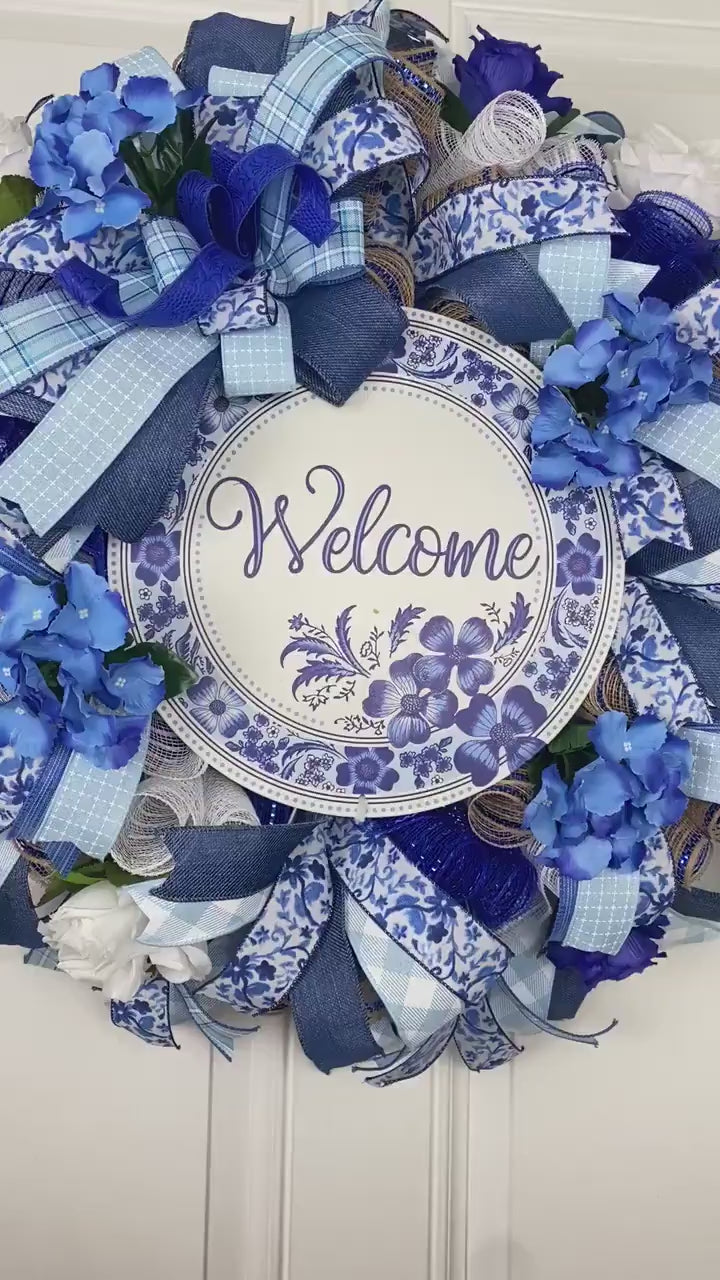 Blue Hydrangea Chinoiserie Wreath, Farmhouse Front Door Decor