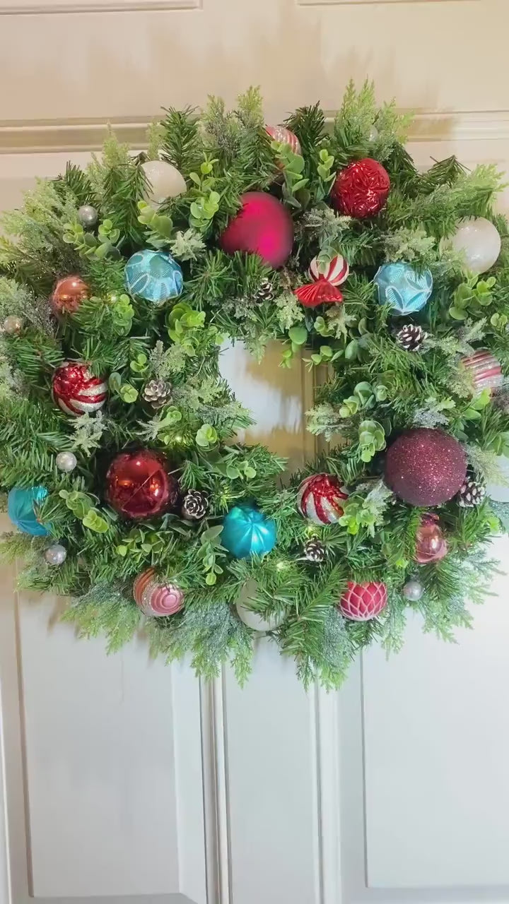 Lighted Christmas Wreath,  Ornament Wreath, Winter Porch Decor, Candy Land