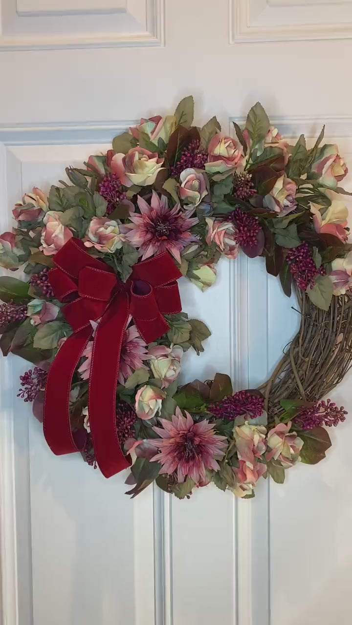 Burgundy Floral Wreath: Pink Rose & Berry Front Door Decor