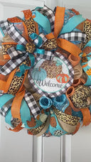 Turquoise Leopard Pumpkin Fall Wreath: Farmhouse Front Door Decor (26")