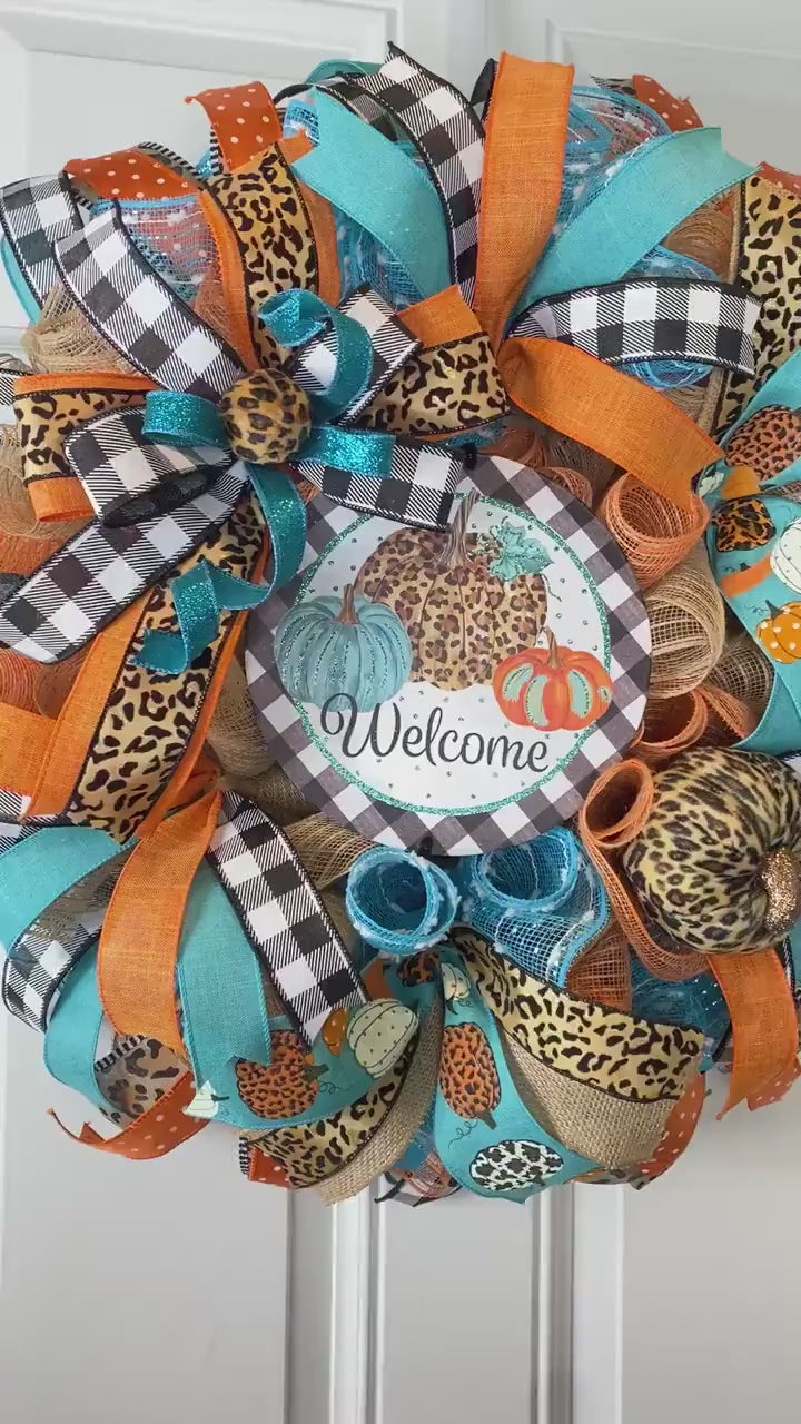 Turquoise Leopard Pumpkin Fall Wreath: Farmhouse Front Door Decor (26")