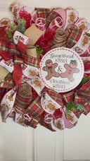Gingerbread Kisses Christmas Wreath: Candy Cane & Plaid Ribbons