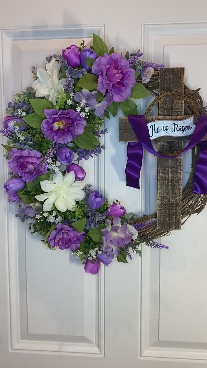He is Risen Spring Wreath, Purple Easter Wreath, Spring Cross Wreath, Front Door Spring Wreath