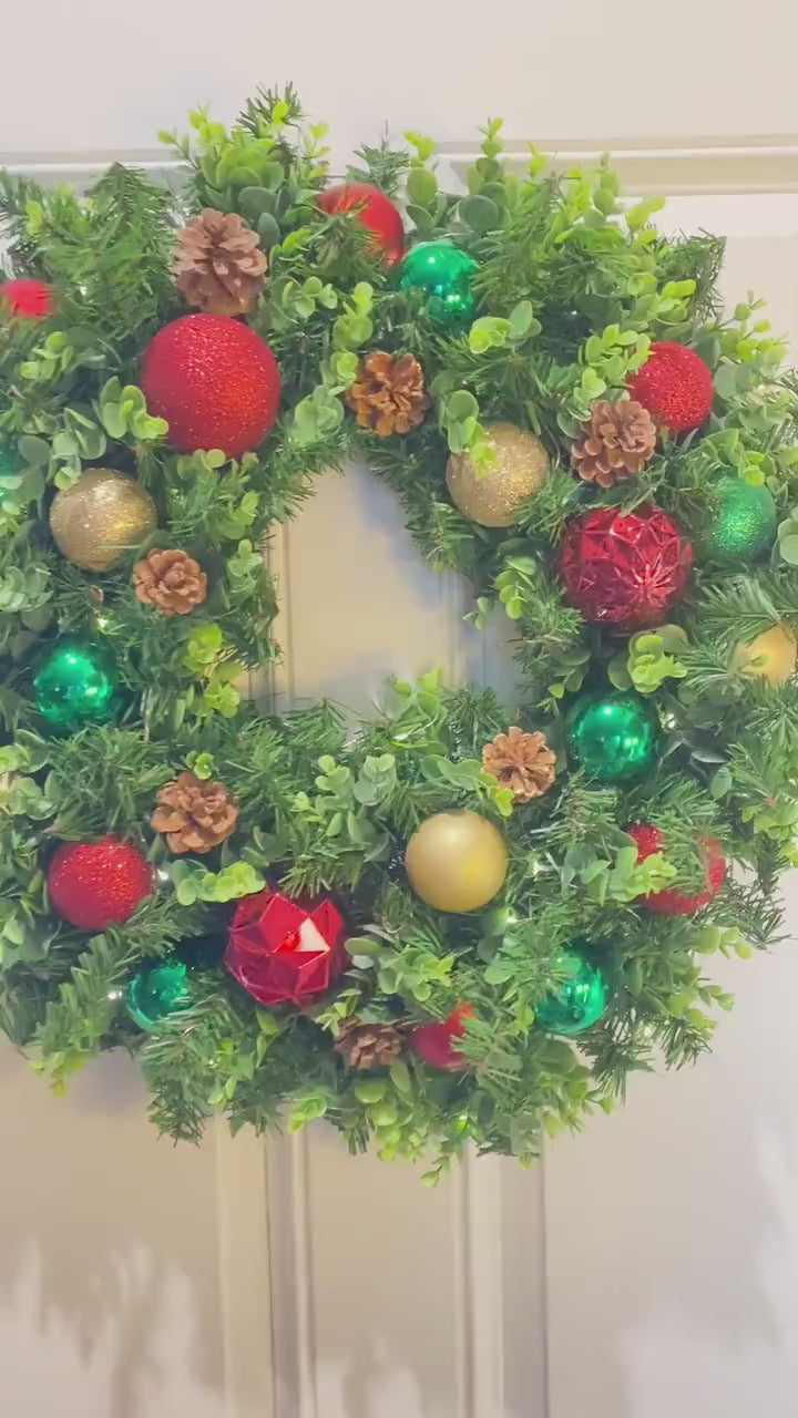 Lighted Christmas Ornament Wreath: Red, Green & Gold Holiday Decor