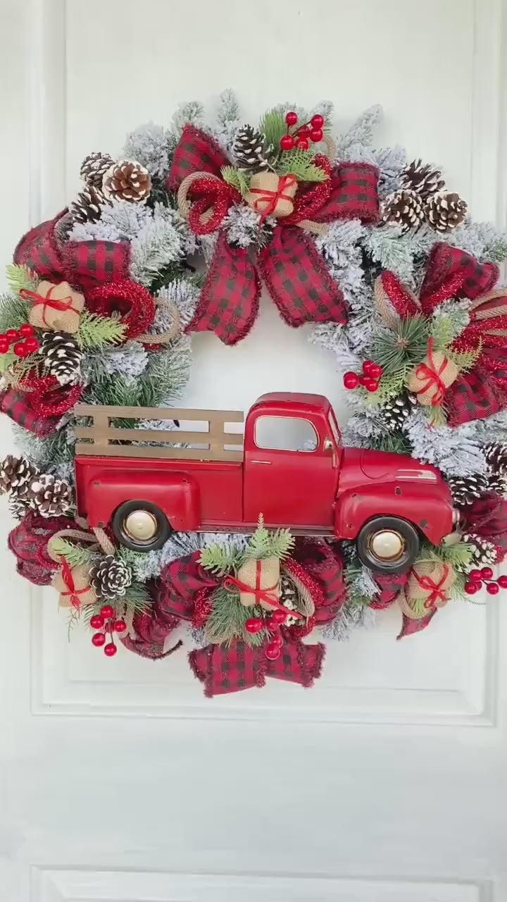 Red Truck Christmas Wreath: Buffalo Plaid Farmhouse Door Decor
