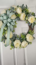 Peony Wreath: Cream Flowers, Green Striped Bow, Front Door Decor
