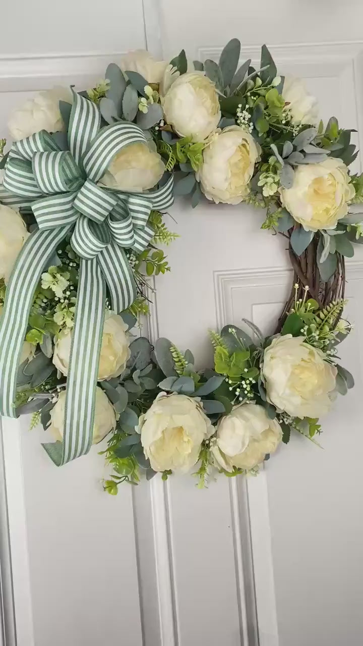 Peony Wreath: Cream Flowers, Green Striped Bow, Front Door Decor