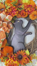 Black Cat Halloween Wreath,  Peony & Sunflower Grapevine Wreath, Front Door Fall Floral