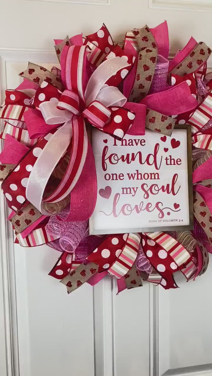Valentine's Day Heart Wreath: Pink & Red Ribbon, Song of Solomon Sign