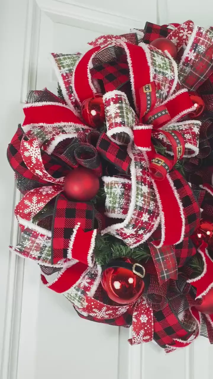 XL Santa Christmas Wreath: Plaid Farmhouse Front Door Decor